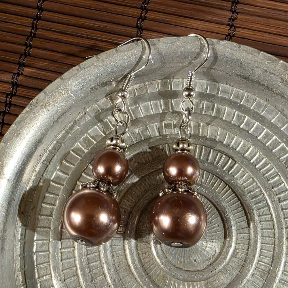 Handcrafted Bronzed Brown Antiqued Silver Glass Pearl Drop Earrings